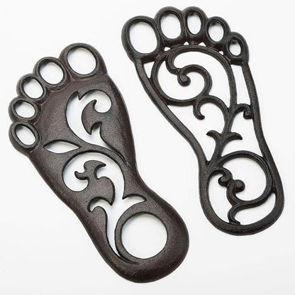 Sungmor Heavy Duty Cast Iron Stepping Mats for Front Door, 2PC 11.8 Inch Long Sturdy Metal Left & Right Footprint Stepping Stone, Retro Elegant Decorative Mat for Garden Lawn Panel Walkway Landscaping