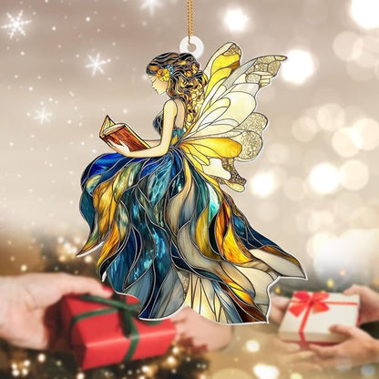 Reading Fairy Book Ornament – Stained Glass Style Acrylic Christmas Ornament, Book Lover Gift for Women, Teacher & Librarian Book Club Decorations, Fantasy Ornament Holiday Décor(Sun-01)