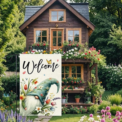 Welcome Spring Summer Tulip Garden Flag Flowers Butterfly Garden Flags 12x18 Inch Burlap Double Sided Gnome Colorful Floral Small Lawn Yard Outside Rustic Farmhouse Holiday Decorations Flags