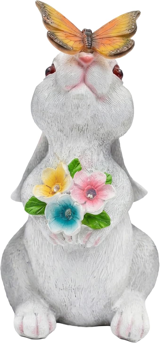 Solar Garden Statues Rabbit with Butterfly and LED Solar Flower Lights, Cute Waterproof Resin Outdoor Decorations for Patio Yard Lawn, Gifts for Housewarming