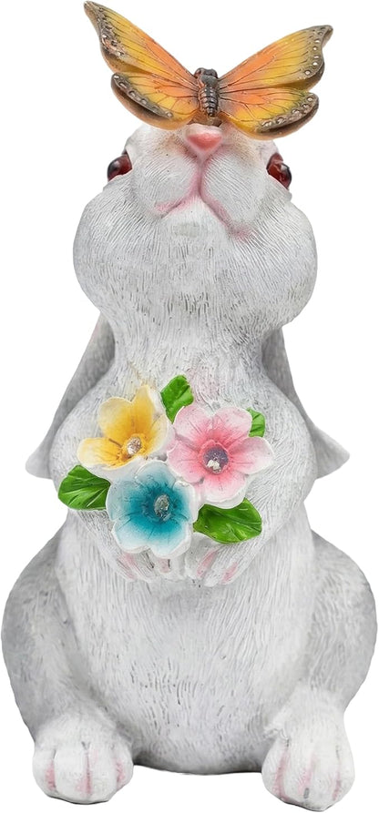 Solar Garden Statues Rabbit with Butterfly and LED Solar Flower Lights, Cute Waterproof Resin Outdoor Decorations for Patio Yard Lawn, Gifts for Housewarming