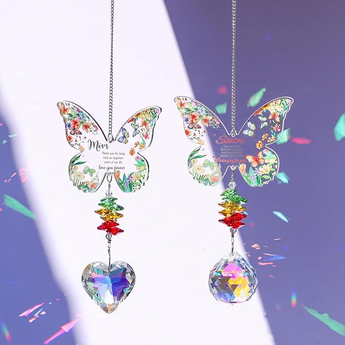 Butterfly Crystal Suncatcher Gifts for Mom, Sister, Birthday, Mothers Day, Thanksgiving, Hanging Ornament, Indoor Outdoor Garden Patio Decor