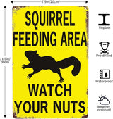 Retro Funny Metal Sign Sheet Signs Tin Sign,Squirrel Feeding Area Watch Your Nuts,Outdoor Home Wall Decoration,Size：8x12inch