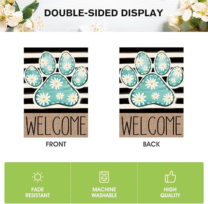 AVOIN colorlife Blue Paw Print Spring House Flag 28x40 Inch Double Sided Outside, Daisy Floral Welcome Stripes Yard Outdoor Flag