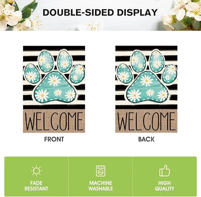 AVOIN colorlife Blue Paw Print Spring House Flag 28x40 Inch Double Sided Outside, Daisy Floral Welcome Stripes Yard Outdoor Flag