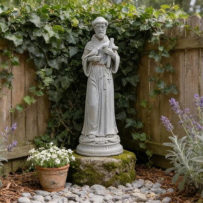 St Francis Garden Statue Outdoor - 24 in Garden Decorations Resin Standing Saint Francis with Cross Antique Finish Spiritual Gifts Religious Sculpture for Yard Lawn Farmhouse Decor Newman House Studio
