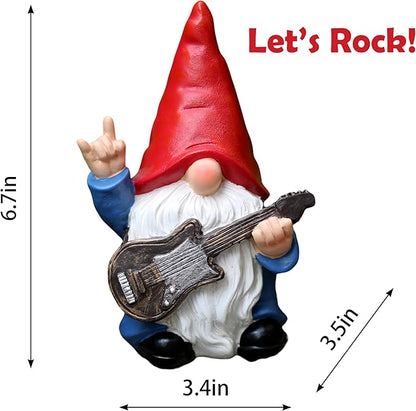 Garden Gnome with Guitar 7.1“ Figurine Ornament for Indoor Outdoor Home Patio Yard Lawn, Red Hat, Blue Outfit, Indoor Outdoor Decorative Statue