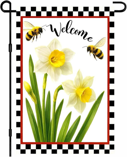 IVN Welcome Garden Flag 12x18 Inch Double Sided Spring Summer Garden Yard Flags White Daffodils Bees Decorative Small Flags for Outdoor Seasonal Front Door Lawn Porch Patio Decor Yard Flag