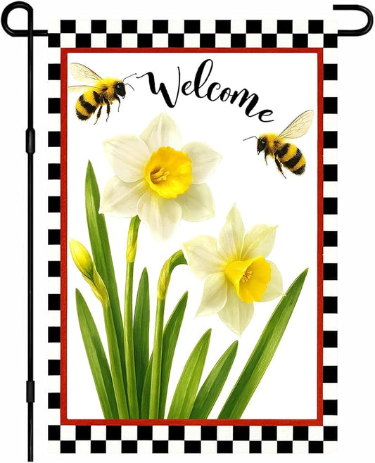 IVN Welcome Garden Flag 12x18 Inch Double Sided Spring Summer Garden Yard Flags White Daffodils Bees Decorative Small Flags for Outdoor Seasonal Front Door Lawn Porch Patio Decor Yard Flag