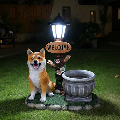 Solar Garden Statue with Planter & Lantern, Outdoor Resin Animal Sculpture, Waterproof Yard Lawn Decor Pot for Succulents, Front Porch Ornament Housewarming Gift (Shiba)