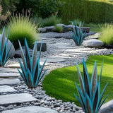 2PCS Large Tequila Rustic Sculpture, Wind Resistant Metal Agave Plants Garden Art for Outdoor Home Decor, DIY Hand Painted Metal Agave Yard Sculpture Statue Garden Lawn Ornament Gift (2, Blue)