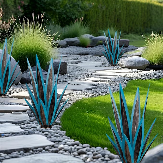 Large Tequila Rustic Sculpture, Wind Resistant Metal Agave Plants Garden Art for Outdoor Home Decor, DIY Hand Painted Metal Agave Yard Sculpture Statue Garden Lawn Ornament Gift (1, Blue)