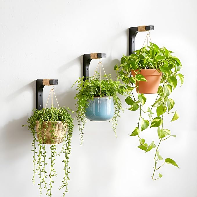 Geelin 4 Pack Wooden Plant Hanger for Wall Mounted Plant Hooks Outdoor Indoor Hanging 6 Inch Farmhouse Hanging Basket Hooks for Garden Home Wall Decoration, L x H x T: 6 x 5 x 0.8inch(Black)