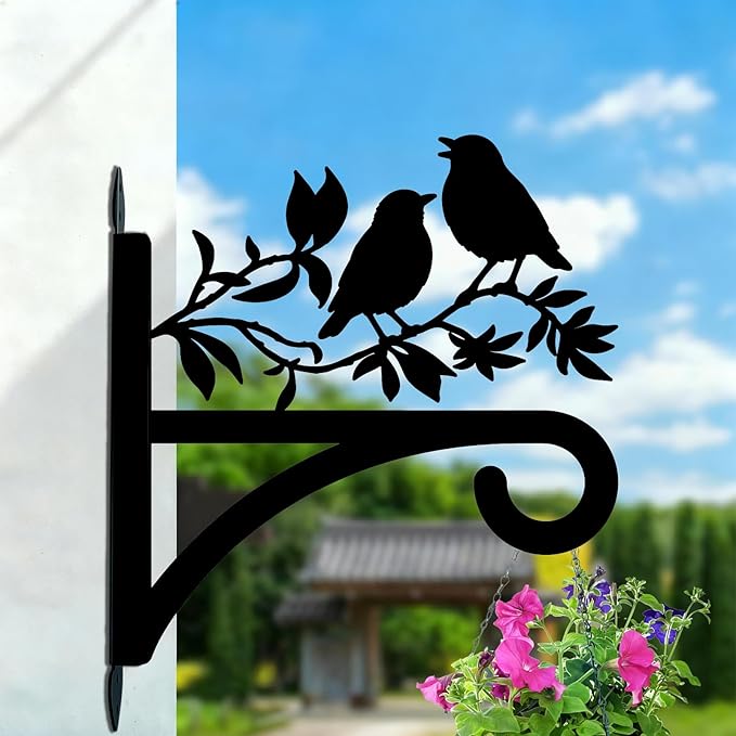 Bird Plant Hanger Iron Plant Brackets 10.6 x 11.3 Inch Black Tree Leaf Animal Silhouette Indoor Outdoor Decorative Basket Wall Mounted Hanging Bracket for Porch Garden Wind Chime Lantern