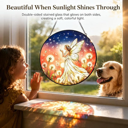 Dandelion Fairy Suncatcher Window Hanging, 7.8" Stained Glass Decor, Whimsical Gift for Family, Friends and Loved Ones, Dreamy Home Decor for Window, Wall, Living Room and Sunroom