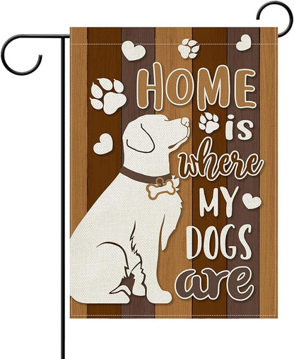 Dyrenson Home is Where My Dogs are Decorative Garden Flag, Pet Paw Print Yard Outside Home Decorations Dog Lover Gifts, Farmhouse Rustic Burlap Outdoor Small Decor Double Sided 12 x 18