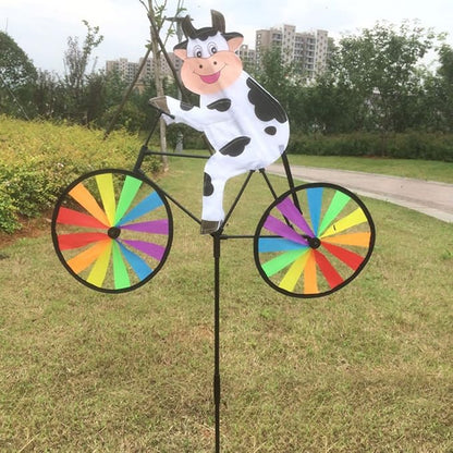 3D Animal on Bike DIY Windmill, Lawn Yard Garden Colorful Wind Spinner Decor (Cow)