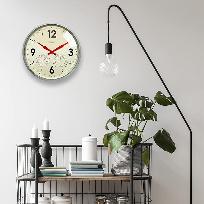 Cloudnola Indoor Outdoor Waterproof Metal Wall Clock with Thermometer and Hygrometer, Zinc Gray, 12 inch Silent Non-Ticking Battery Operated Quality Quartz Round Clock for Patio and Home Decor