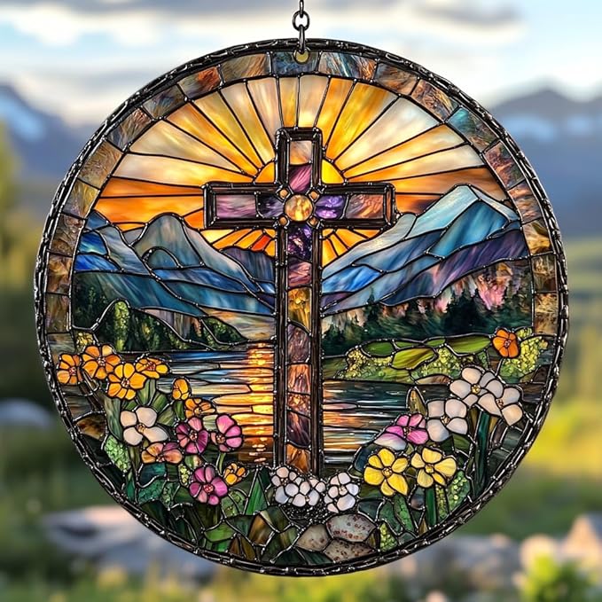 Floral Cross Acrylic Suncatcher Stained Glass Effect Window Car Hanging Christmas Ornament Indoor Outdoor Decor Garden Memorial Sun Catcher for Family Christmas Jesus Gift for Women Mom Grandma