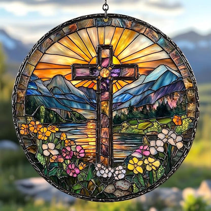 Floral Cross Acrylic Suncatcher Stained Glass Effect Window Car Hanging Christmas Ornament Indoor Outdoor Decor Garden Memorial Sun Catcher for Family Christmas Jesus Gift for Women Mom Grandma