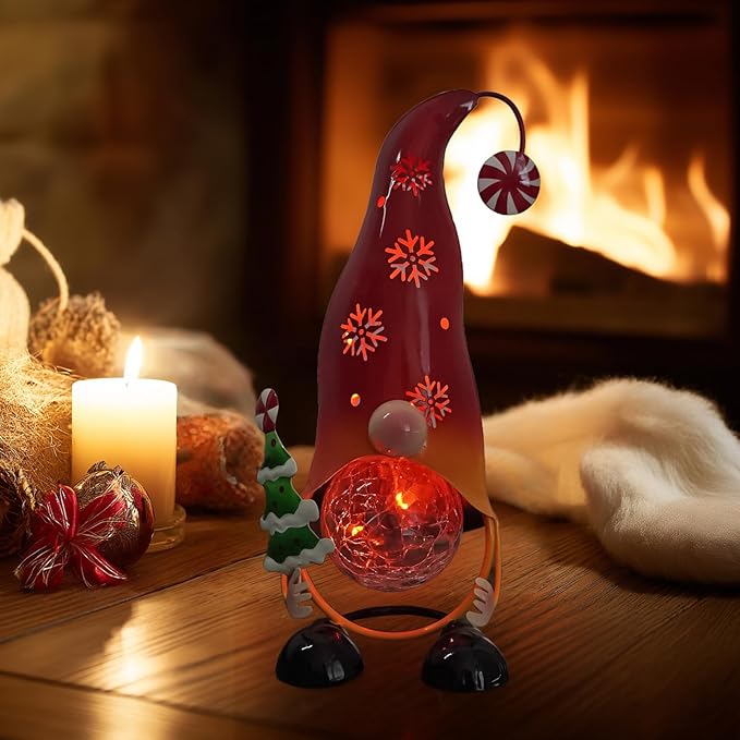 HONGLAND Christmas Decorations Outdoor Solar Gnome Yard, Color Changing LED Lights with Snowflake Hollowed-Out Hat, Cute Christmas Outdoor Decor for Garden, Patio, Pathway (Red)