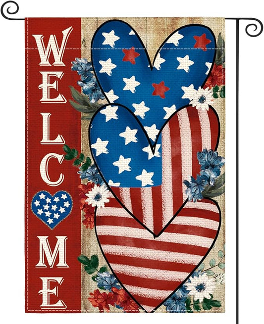 AVOIN colorlife Patriotic 4th of July Welcome Garden Flag 12x18 Inch Double Sided, Memorial Day Independence Day American Stars and Stripes Love Heart Yard Outdoor Decoration