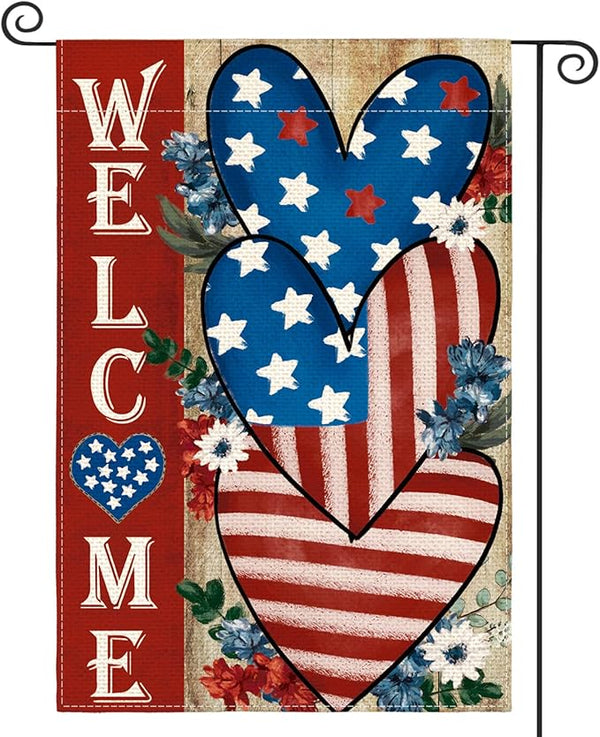 AVOIN colorlife Patriotic 4th of July Welcome Garden Flag 12x18 Inch Double Sided, Memorial Day Independence Day American Stars and Stripes Love Heart Yard Outdoor Decoration