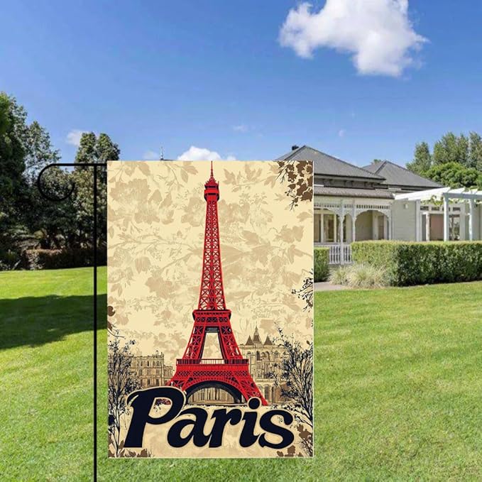 Gkyygk Paris Eiffel Tower Welcome Garden Flag Vintage Floral 12x18 Inch Double Sided Small Burlap Banners Yard House Seasonal Farmhouse Home Decor for Men Women