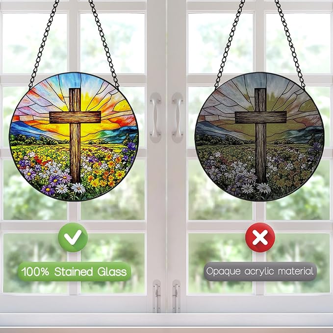 Stained Glass Window Hanging, 8 Inch Stained Glass Cross Wildflower Suncatcher, Sun Catchers Indoor Window, Floral Cross Religious Home Garden Decor Glass Panel, Easter Faith Christian Gifts for Women