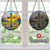 Stained Glass Window Hanging, 8 Inch Stained Glass Cross Wildflower Suncatcher, Sun Catchers Indoor Window, Floral Cross Religious Home Garden Decor Glass Panel, Easter Faith Christian Gifts for Women