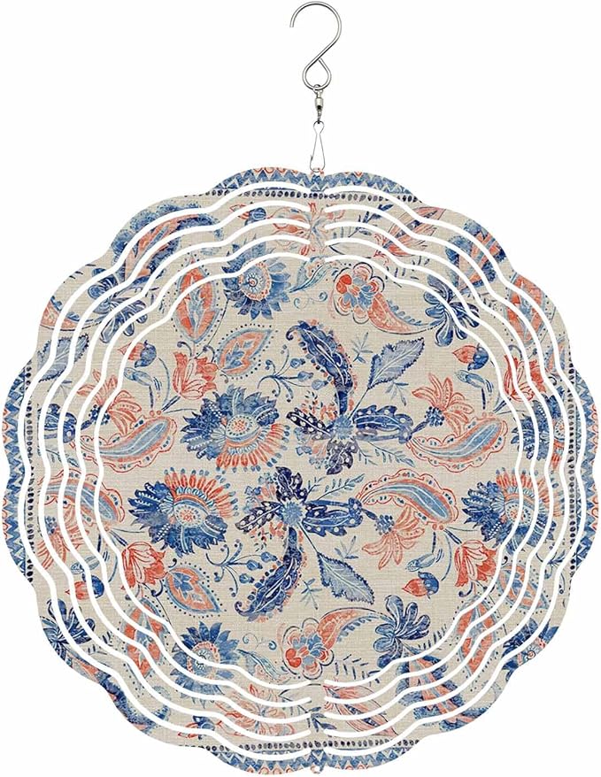 Stainless Steel Wind Spinner for Yard Garden Decoration, Blue Orange Flower Textured Vintage Round Wind Sculpture Spinner 3D Crafts Hanging Ornaments for Indoor Outdoor, 8 Inch