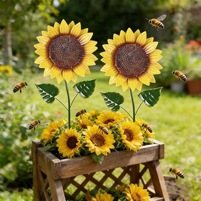hogardeck Garden Decor for Outside, 2 Pack Sunflower Decorative Garden Stakes for Spring Outdoor Yard Decor, Metal Yard Art with Shaking Head for Garden Lawn Porch Decorations