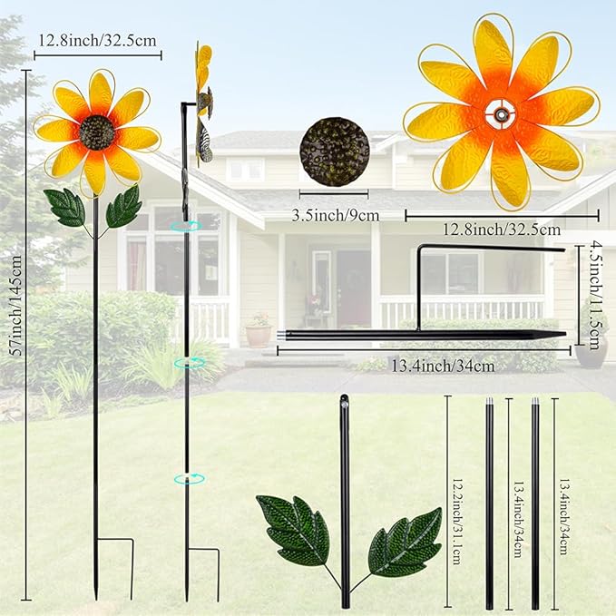 DREAMSOUL 13 Inch Dia Wind Spinner Outdoor, Sunflower Wind Spinner Metal Kinetic Spinner for Garden Yard Art Decor (57 * 13 Inches)
