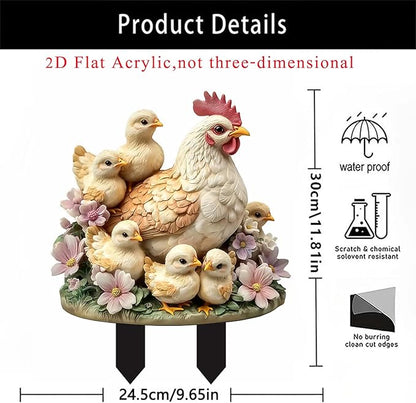 Garden Stake Decor, Acrylic 2D Flat Animal Statue, Fairy Sculptures Ornament Indoor Outdoor Yard Lawn Pot Plant Decorative Accessories (Hens and Chicks)
