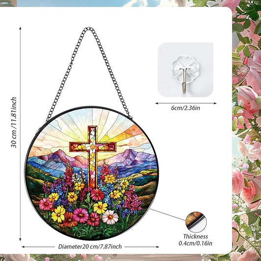 Cross Stained Glass Window Hanging, Cross Wildflowers Sun Catchers Indoor Window Plant Lover Gifts for Women Grandma, Wall SunCatchers Decor for Garden Home Birthday Christmas