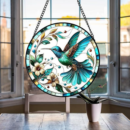 Hummingbird Suncatcher Stained Glass Window Hanging - 8″ Birds Flower Suncatchers for Windows Hanging - Handmade Sun Catchers Wall Decor Glass Panel - Valentines Day Gifts for Mom Grandma Bird Lovers