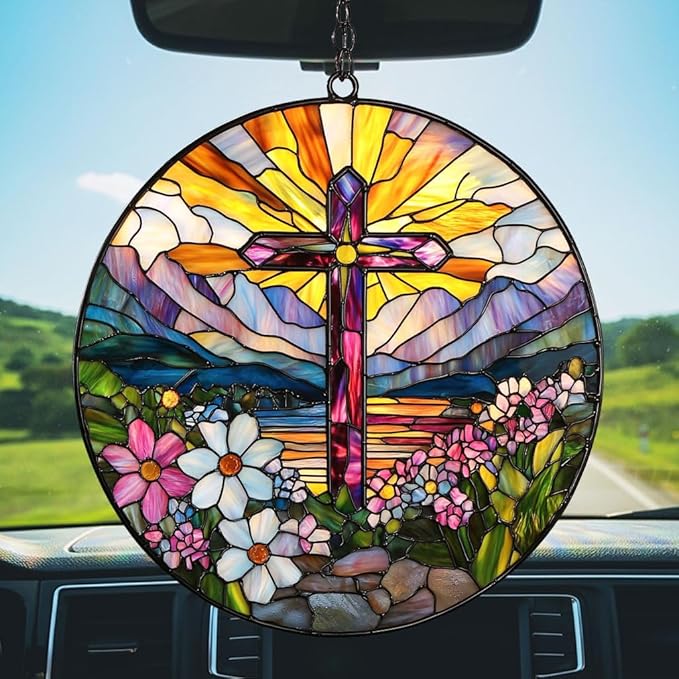 Flowers Hill Cross Acrylic Suncatcher Stained Glass Effect Window Car Hanging Christmas Ornament Indoor Outdoor Decor Garden Memorial Sun Catcher for Family Christmas Jesus Gift for Women Mom Grandma