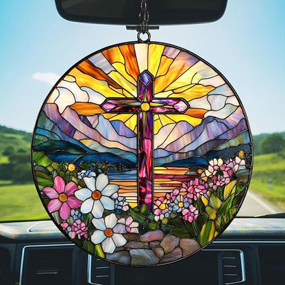 Flowers Hill Cross Acrylic Suncatcher Stained Glass Effect Window Car Hanging Christmas Ornament Indoor Outdoor Decor Garden Memorial Sun Catcher for Family Christmas Jesus Gift for Women Mom Grandma