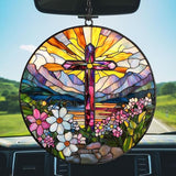 Flowers Hill Cross Acrylic Suncatcher Stained Glass Effect Window Car Hanging Christmas Ornament Indoor Outdoor Decor Garden Memorial Sun Catcher for Family Christmas Jesus Gift for Women Mom Grandma