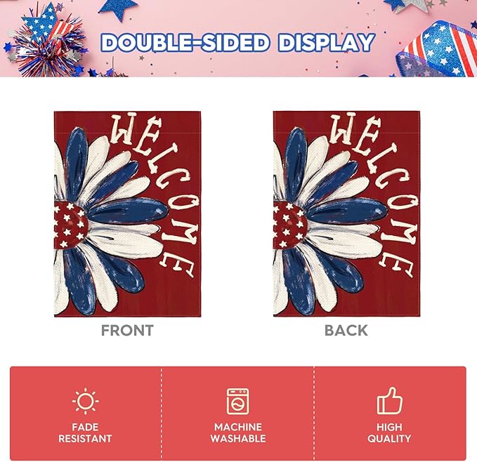 AVOIN colorlife Patriotic 4th of July House Flag 28x40 Inch Double Sided Outside, Memorial Day Red Floral Welcome Daisy Yard Outdoor Decoration