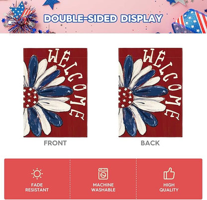 AVOIN colorlife Patriotic 4th of July House Flag 28x40 Inch Double Sided Outside, Memorial Day Red Floral Welcome Daisy Yard Outdoor Decoration