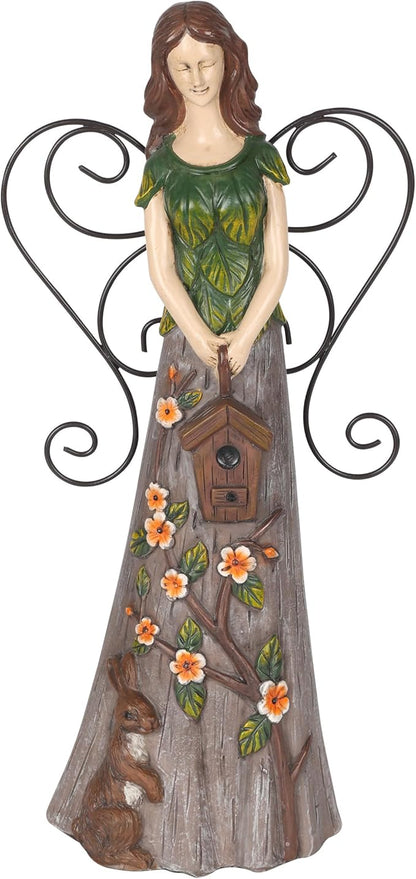 Alpine Corporation WQA1552 Floral Woodland Angel Holding Birdhouse Statue, Sentimental Decor for Garden & Patio, 12" H