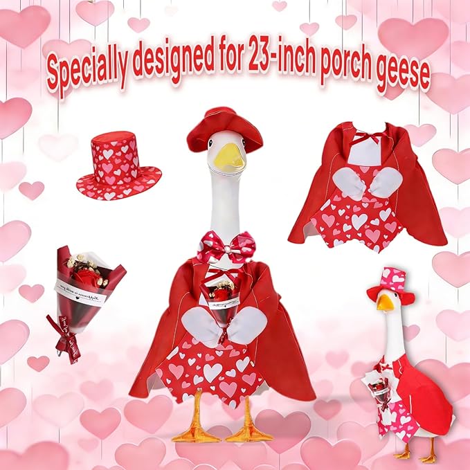 Forever Romance Goose Outfit - Red Tuxedo Holding Flowers for 23" Porch Goose, Perfect for Engagement, Wedding, & Renewing Vows Decoration