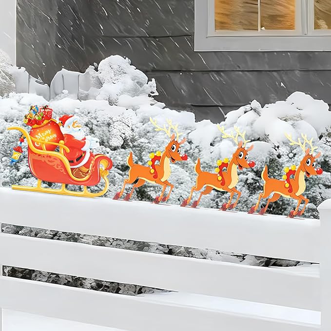 Christmas Decorations Outdoor Metal Yard Sign Santa & Deer Weatherproof Fence Decor Lawn Sign for Holiday Porch, Garden & Home Decorations Art Ornament