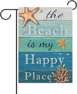 Dyrenson Summer The Beach is My Happy Place Decorative Garden Flag, Blue Coastal Starfish Farmhouse Yard Outside Home Decoration, Coral Pearl Nautical Rustic Outdoor Small Decor Double Sided 12 x 18