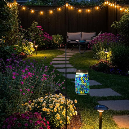 Starsoul 4 Pack Solar Lanterns Outdoor Waterproof, Decorative Teal Mosaic Glass Outdoor Lantern, Hanging Solar Garden Lights for Outside Pathway Patio Porch Yard Table, Gifts for Women Mom Grandma