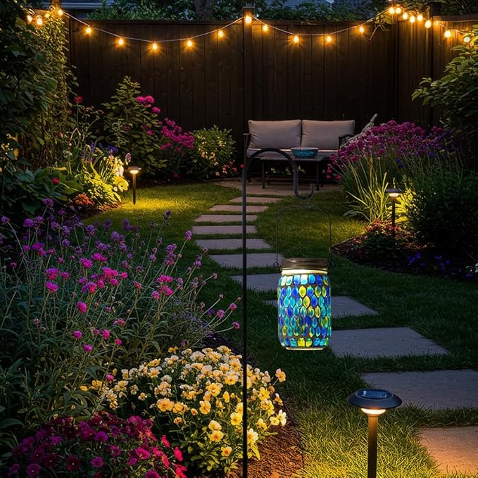 Starsoul 2 Pack Solar Lanterns Outdoor Waterproof, Decorative Teal Mosaic Glass Outdoor Lantern, Hanging Solar Garden Lights for Outside Pathway Patio Porch Yard Table, Gifts for Women Mom Grandma