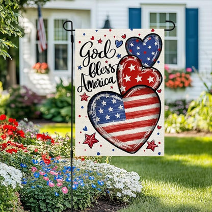 CROWNED BEAUTY 4th of July Garden Flag Patriotic Hearts Double Sided 12x18 Inches for Outside Small Burlap Independence Memorial Veterans Day Holiday Yard Decoration CF1815-12