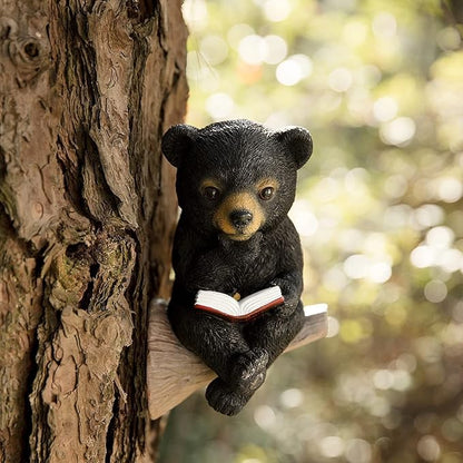 Sitting Bear Tree Hugger with Solar LED Light, Cute Bear Reading Book Garden Statue, Resin Animal Figurine Outdoor Decor, Yard Art Sculpture for Lawn, Yard, Patio, Porch Ornaments