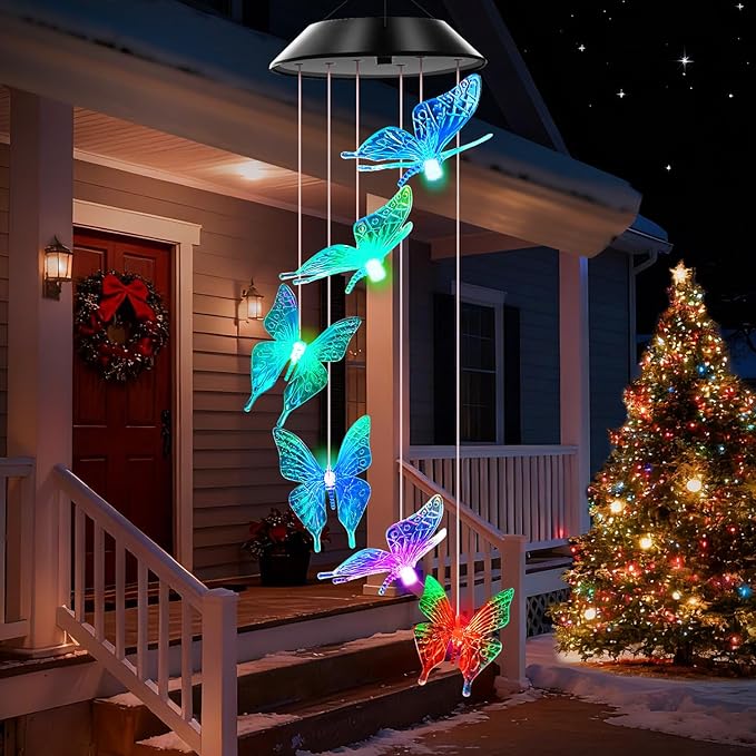 WENANA Blue Butterfly Solar Wind Chimes Color Changing Lights Outdoor, Best Gifts for Mom Grandma Women Wife Aunt Daughter Sister, Unique Mobile Wind Chime, Gardening Yard Decorations